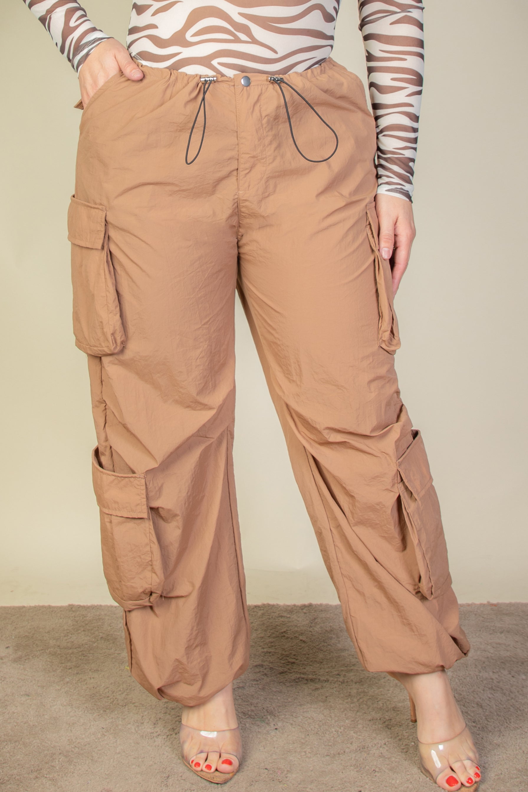6/piece] Plus Size Flap Pockets Drawstring Ruched Parachute