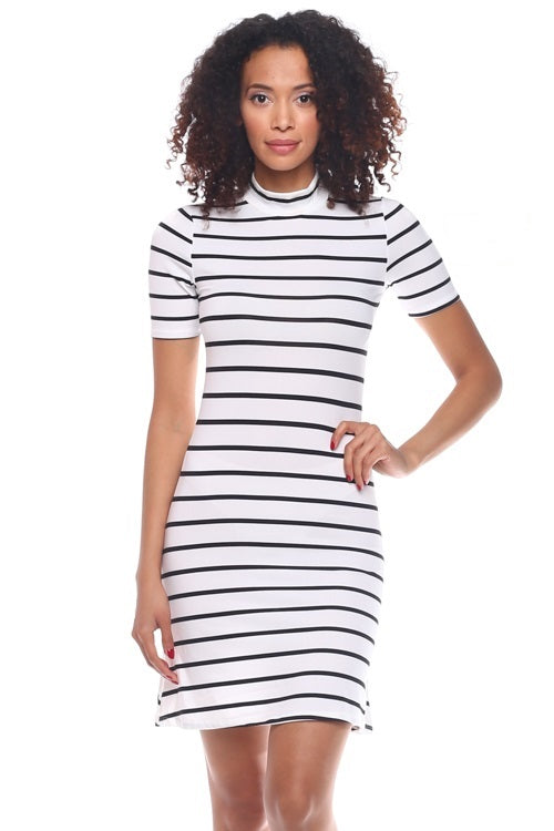 [$2/piece] Striped Mock Neck Fit & Flare Dress
