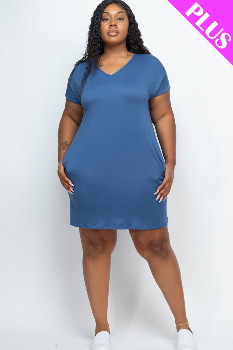 Plus Size Cap Sleeve Pocket Mini Dress - Capella Apparel Wholesale