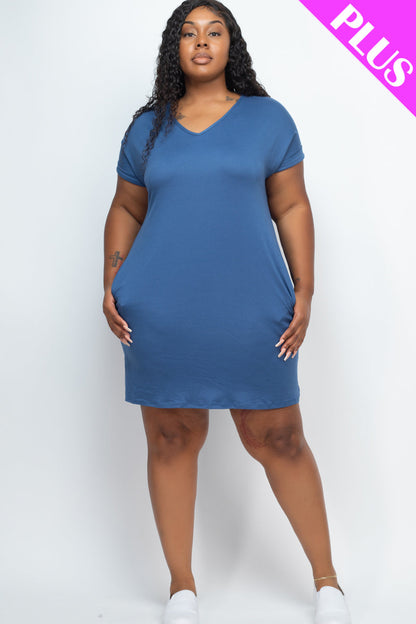 Plus Size Cap Sleeve Pocket Mini Dress - Capella Apparel Wholesale