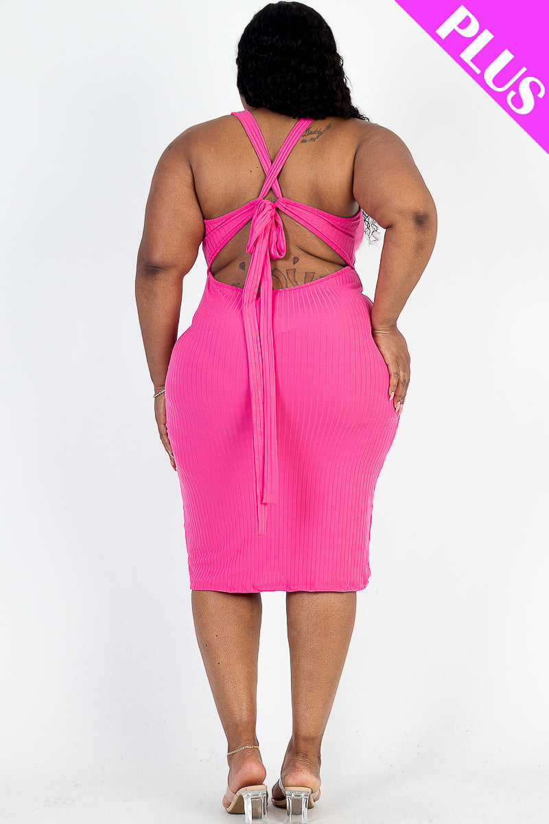 Plus Size Ribbed Cutout Front Crisscross Back Bodycon Midi Dress - Capella Apparel