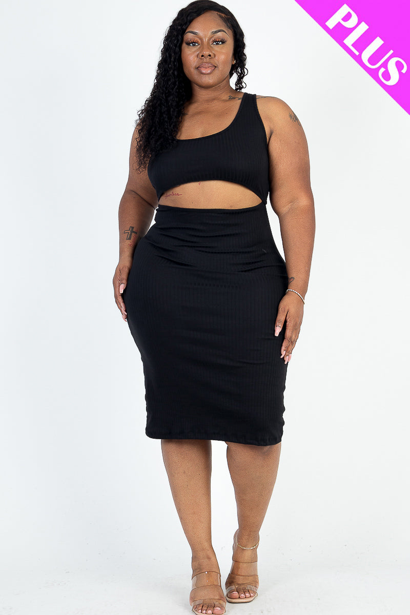 Plus Size Ribbed Cutout Front Crisscross Back Bodycon Midi Dress - Capella Apparel