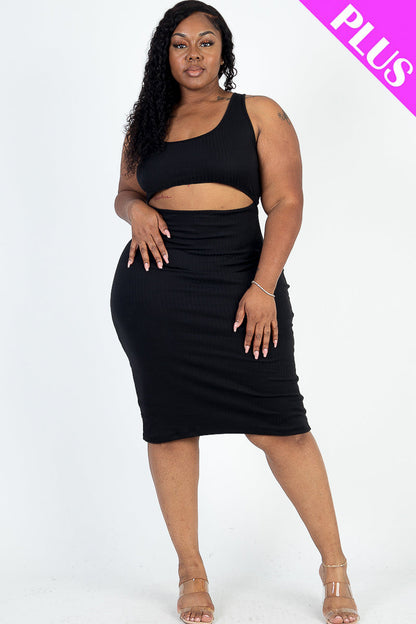 Plus Size Ribbed Cutout Front Crisscross Back Bodycon Midi Dress - Capella Apparel