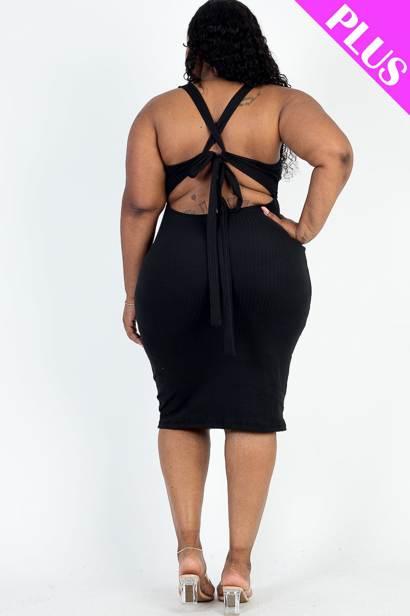 Plus Size Ribbed Cutout Front Crisscross Back Bodycon Midi Dress - Capella Apparel