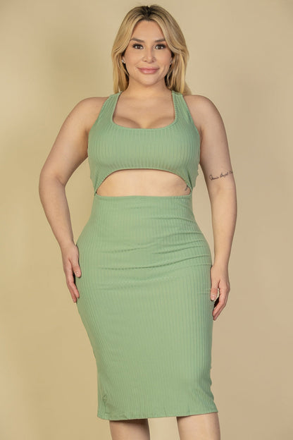 Plus Size Ribbed Cutout Front Crisscross Back Bodycon Midi Dress - Capella Apparel