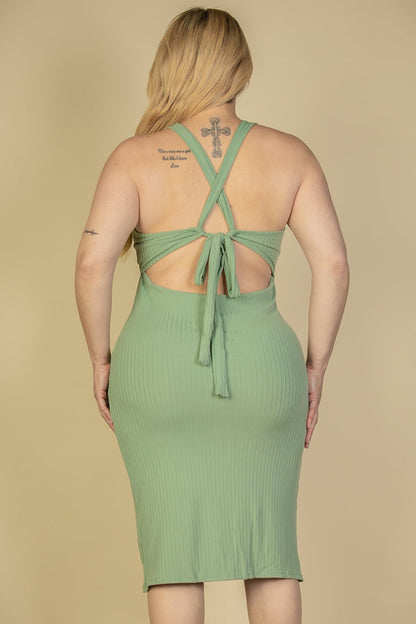 Plus Size Ribbed Cutout Front Crisscross Back Bodycon Midi Dress - Capella Apparel