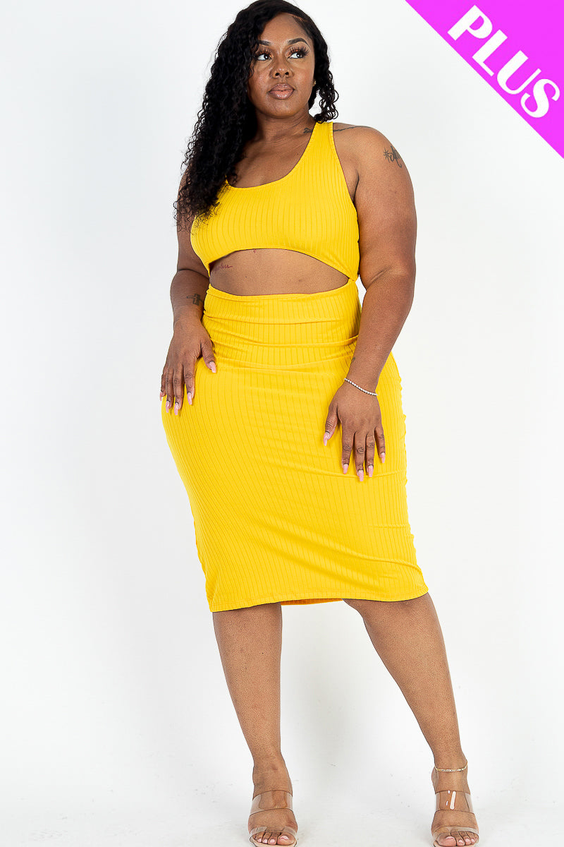 Plus Size Ribbed Cutout Front Crisscross Back Bodycon Midi Dress - Capella Apparel