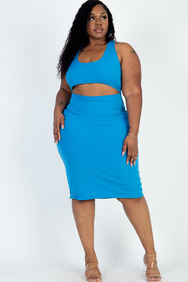 Plus Size Ribbed Cutout Front Crisscross Back Bodycon Midi Dress - Capella Apparel