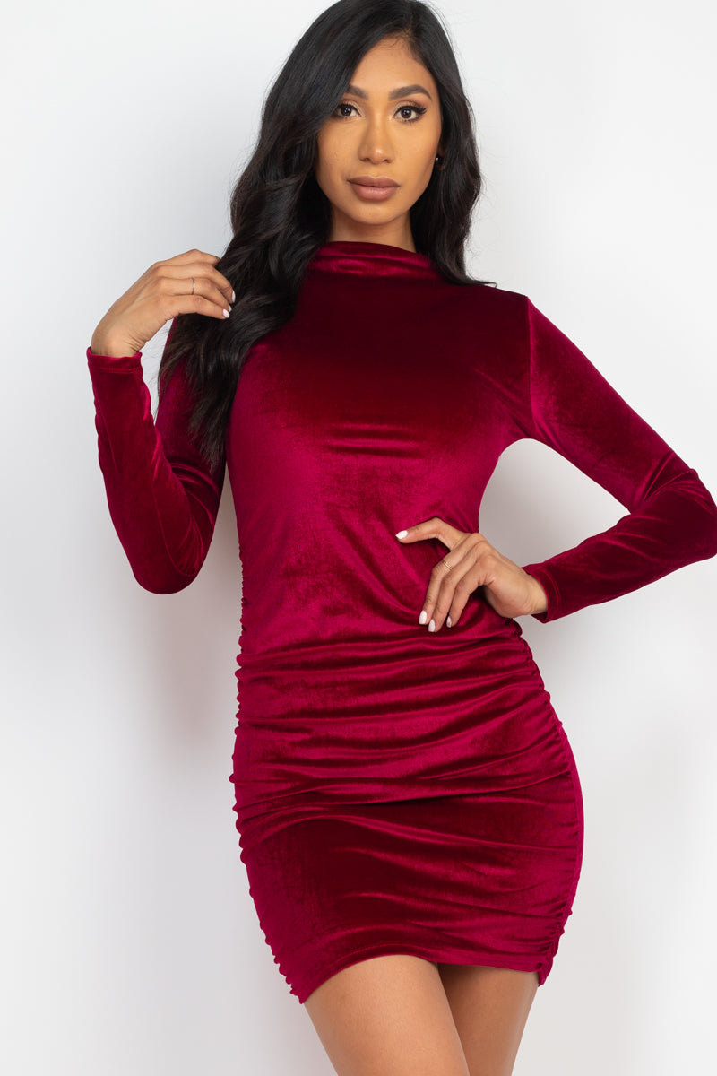 Ruched Long Sleeve Velour Midi Dress - Capella Apparel