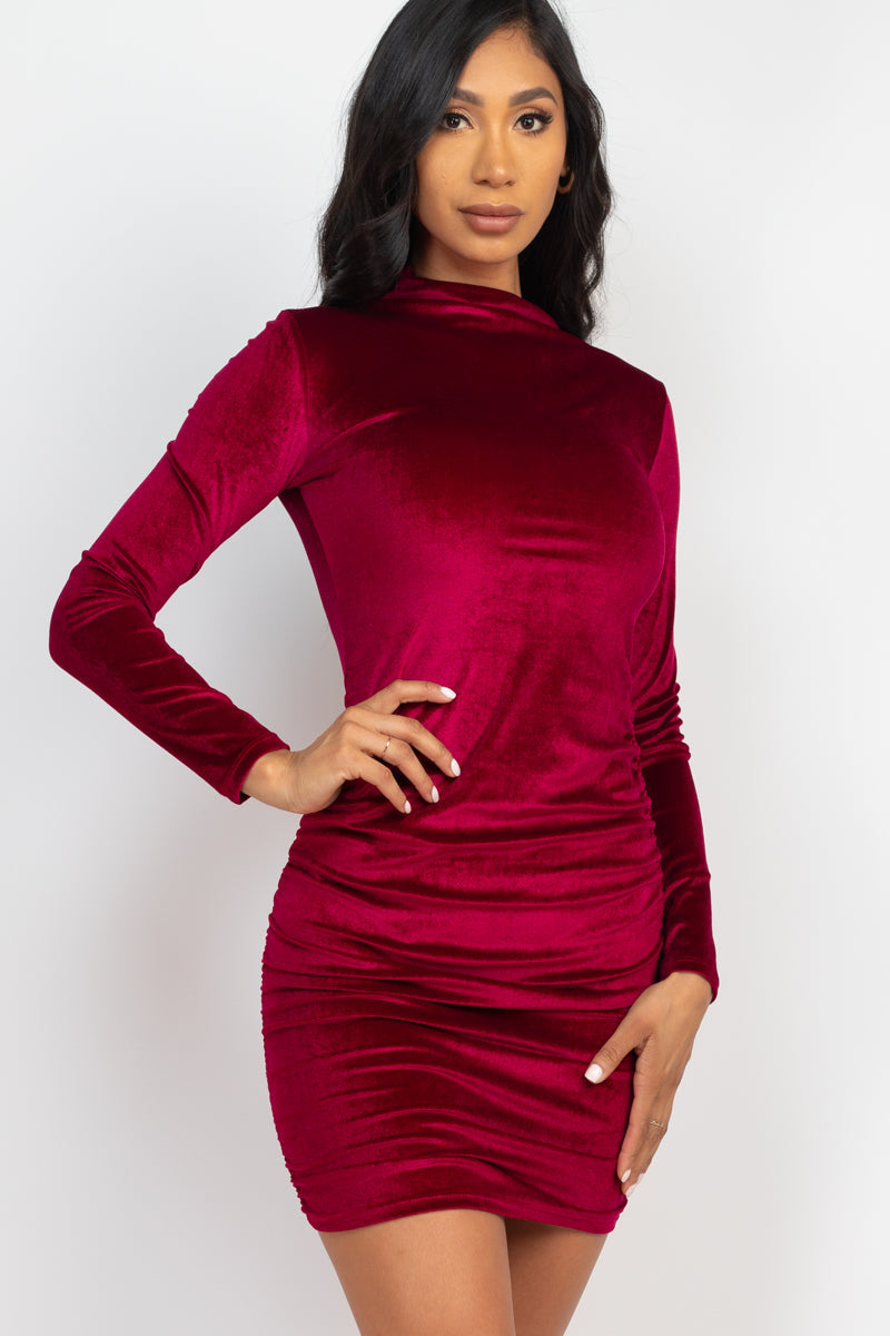 Ruched Long Sleeve Velour Midi Dress - Capella Apparel