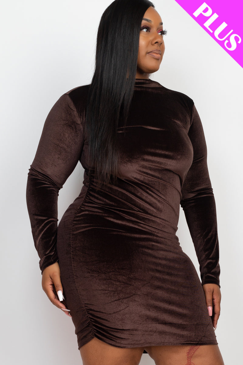 Plus Size Ruched Long Sleeve Velour Midi Dress - Capella Apparel