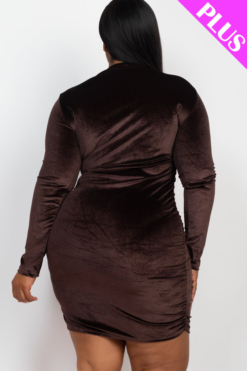 Plus Size Ruched Long Sleeve Velour Midi Dress - Capella Apparel