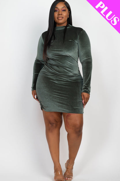 Plus Size Ruched Long Sleeve Velour Midi Dress - Capella Apparel