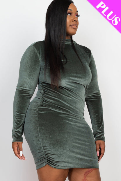 Plus Size Ruched Long Sleeve Velour Midi Dress - Capella Apparel