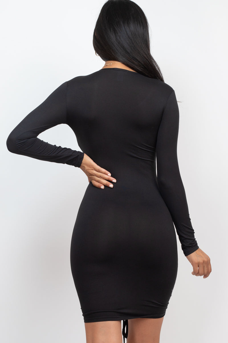 Drawstring Ruched Front Long Sleeve Bodycon Dress - Capella Apparel Wholesale