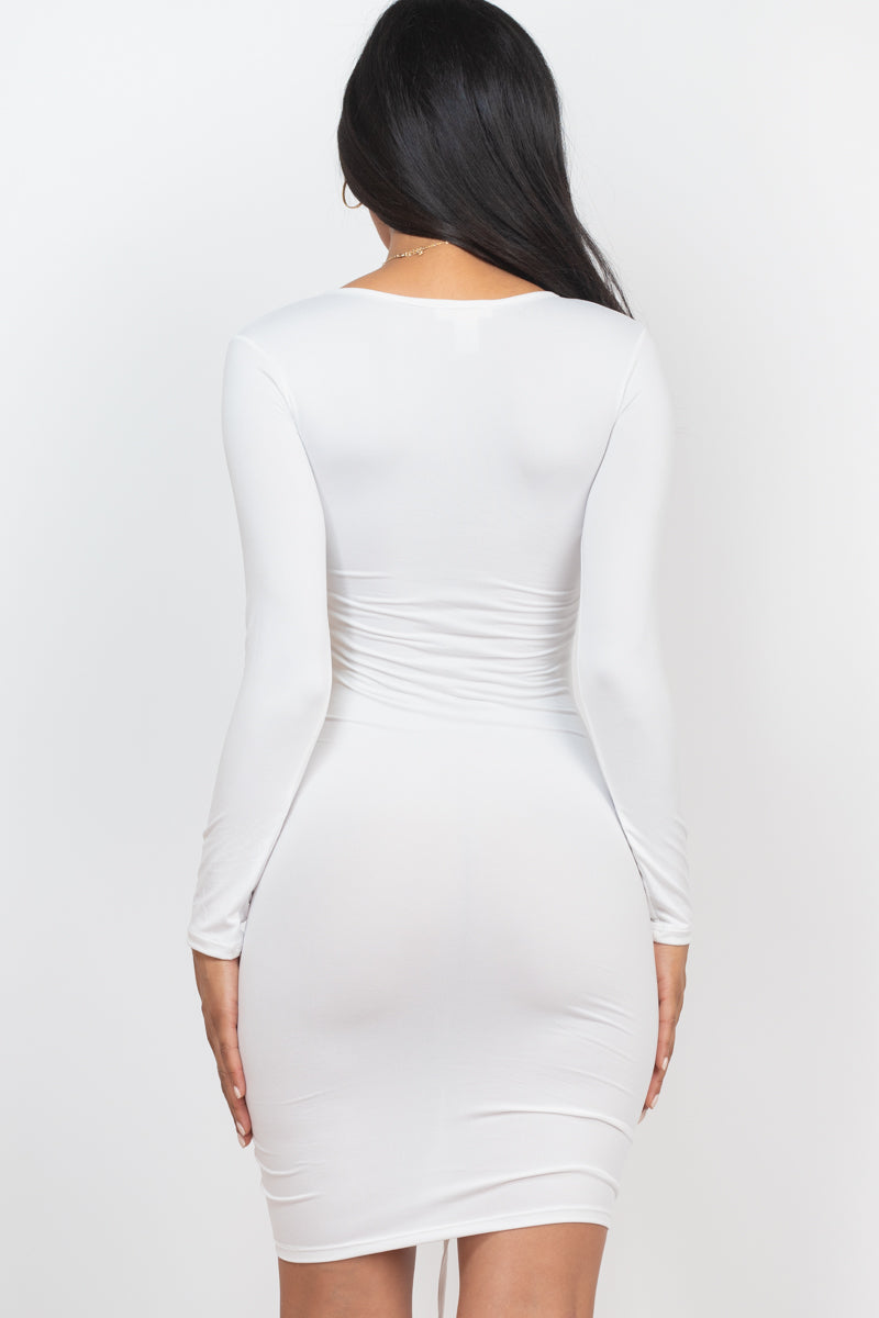 Drawstring Ruched Front Long Sleeve Bodycon Dress - Capella Apparel Wholesale