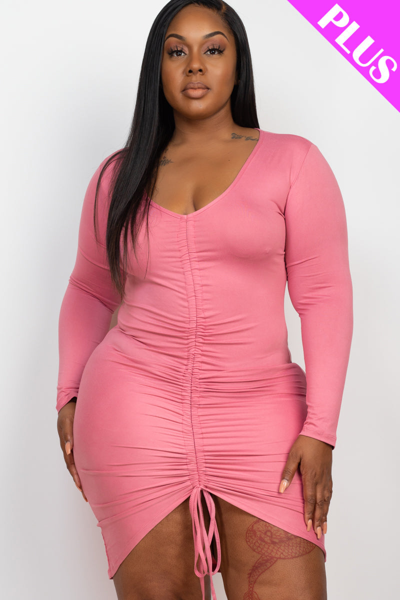 Plus Size Drawstring Ruched Front Long Sleeve Bodycon Mini Dress - Capella Apparel