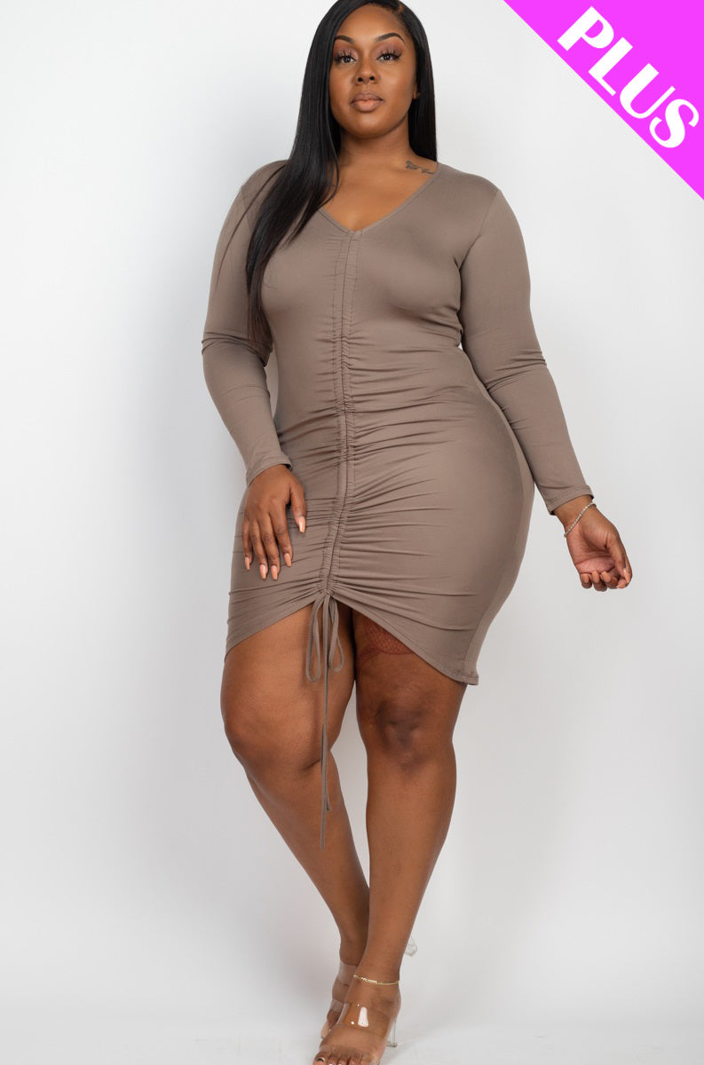 Plus Size Drawstring Ruched Front Long Sleeve Bodycon Mini Dress - Capella Apparel