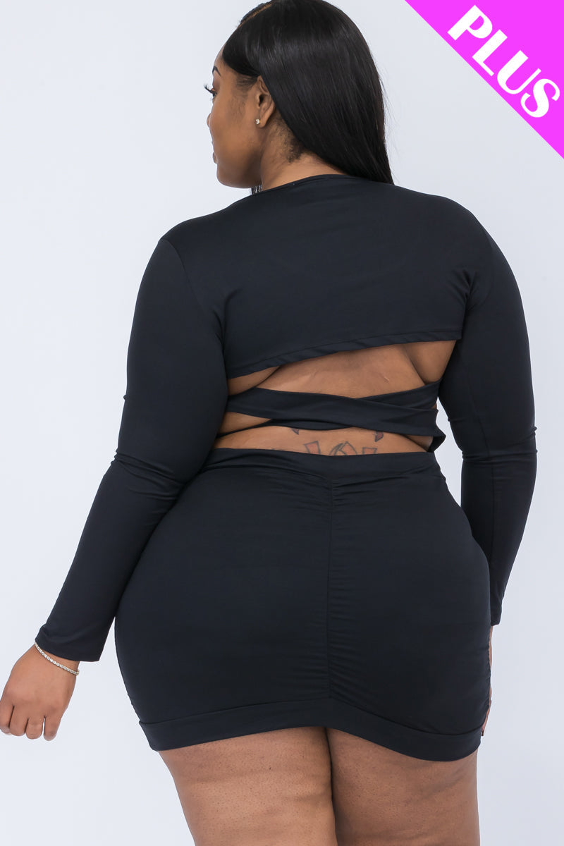 Plus Size Crisscross Open Back Long Sleeve Bodycon Mini Dress - Capella Apparel