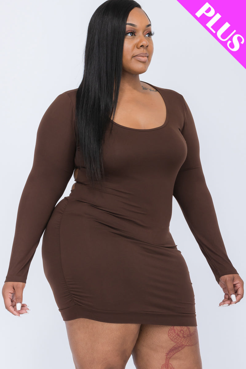 Plus Size Crisscross Open Back Long Sleeve Bodycon Mini Dress - Capella Apparel