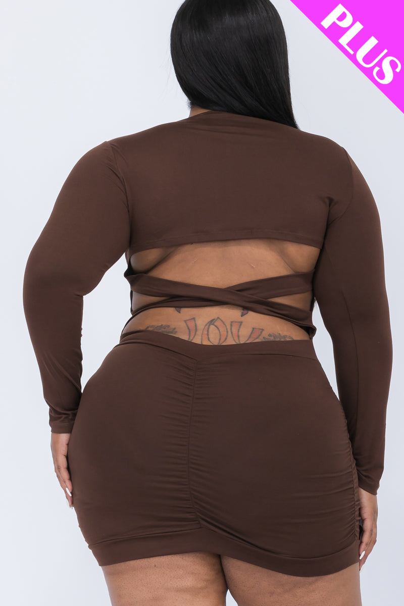 Plus Size Crisscross Open Back Long Sleeve Bodycon Mini Dress - Capella Apparel