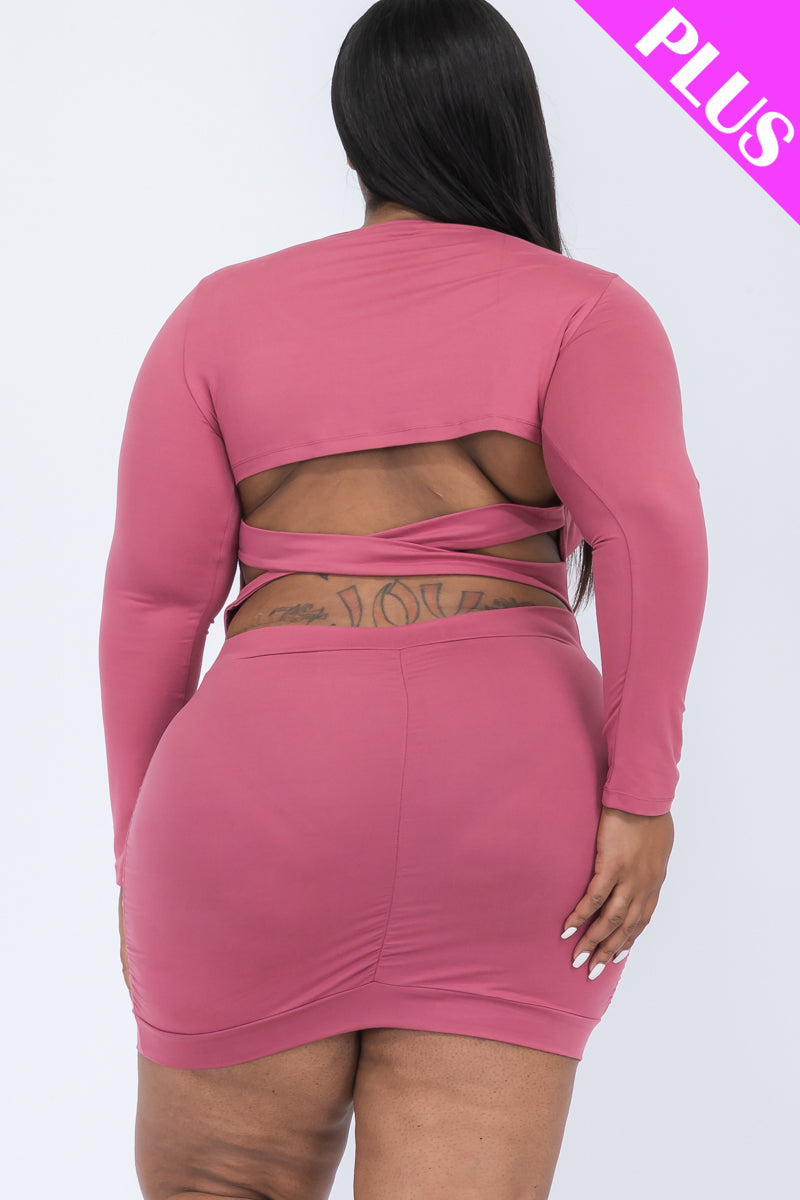 Plus Size Crisscross Open Back Long Sleeve Bodycon Mini Dress - Capella Apparel