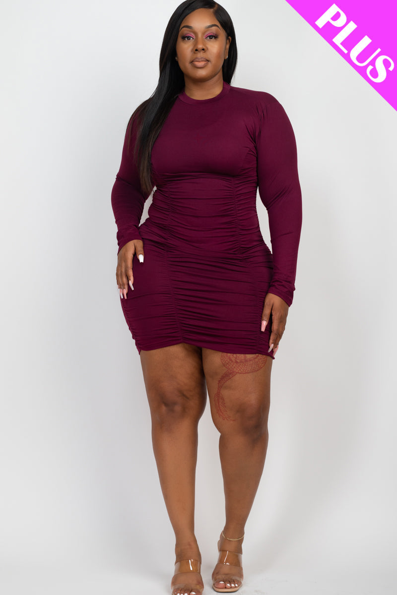 Plus Size Ruched Long Sleeve Bodycon Midi Dress - Capella Apparel