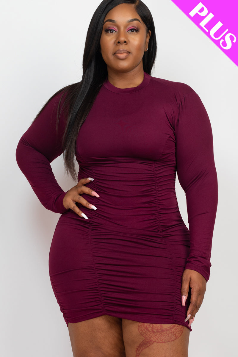 Plus Size Ruched Long Sleeve Bodycon Midi Dress - Capella Apparel