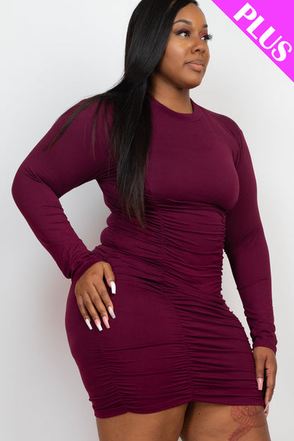 Plus Size Ruched Long Sleeve Bodycon Midi Dress - Capella Apparel