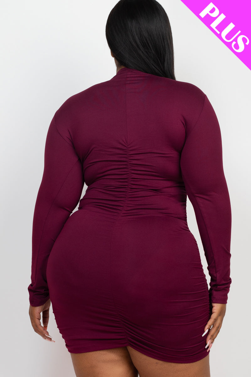 Plus Size Ruched Long Sleeve Bodycon Midi Dress - Capella Apparel