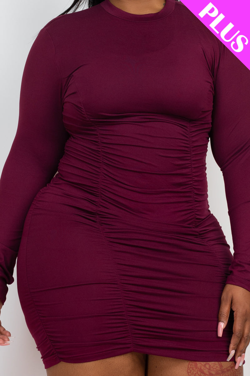 Plus Size Ruched Long Sleeve Bodycon Midi Dress - Capella Apparel