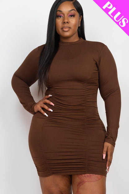 Plus Size Ruched Long Sleeve Bodycon Midi Dress - Capella Apparel