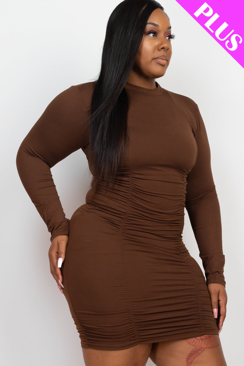 Plus Size Ruched Long Sleeve Bodycon Midi Dress - Capella Apparel