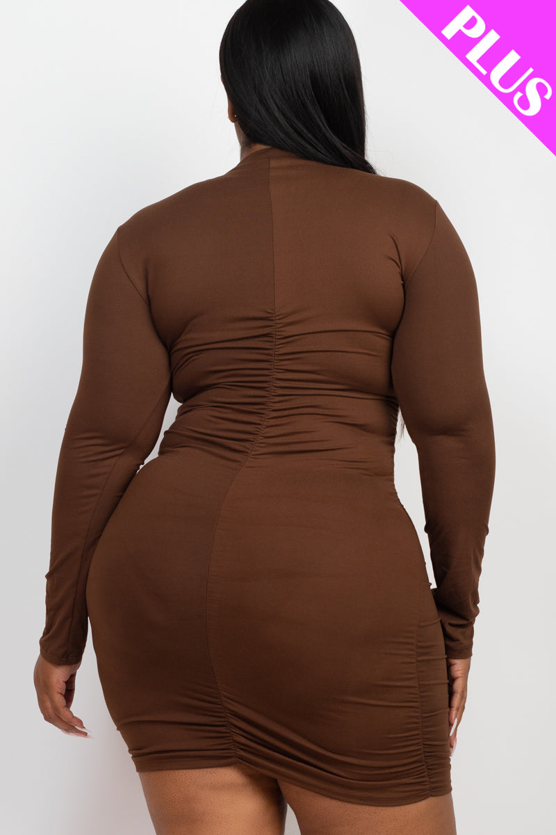 Plus Size Ruched Long Sleeve Bodycon Midi Dress - Capella Apparel