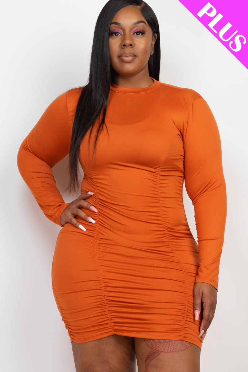 Plus Size Ruched Long Sleeve Bodycon Midi Dress - Capella Apparel