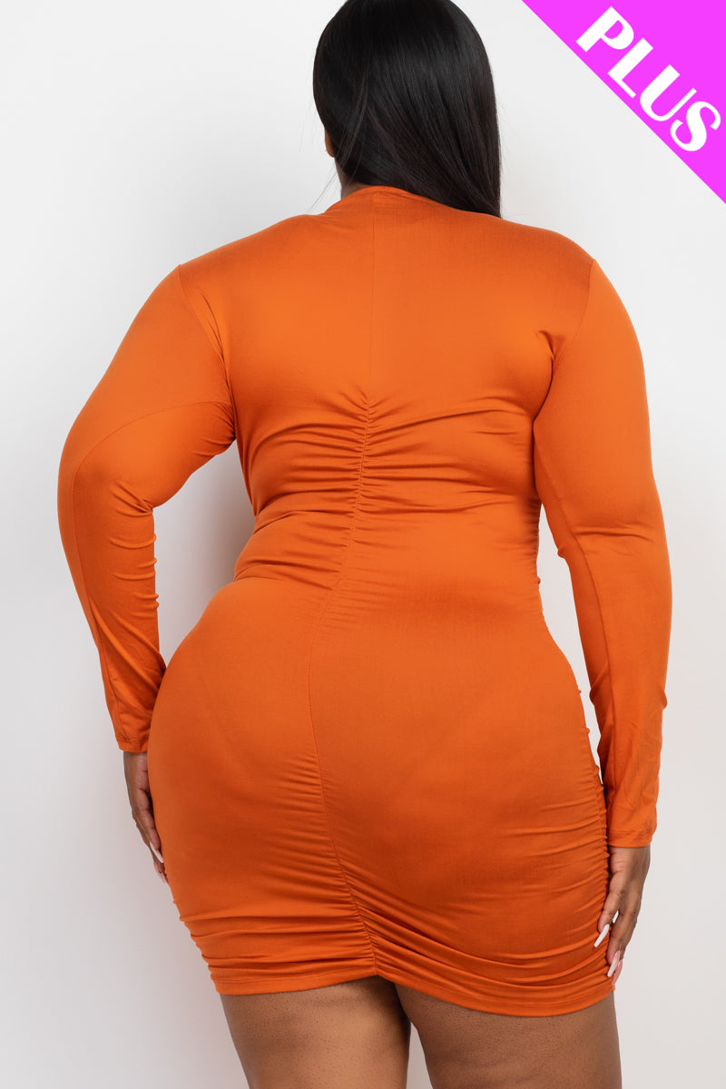 Plus Size Ruched Long Sleeve Bodycon Midi Dress - Capella Apparel