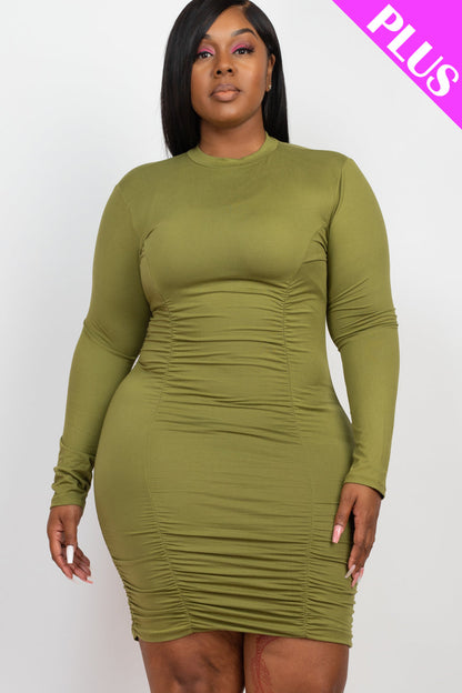 Plus Size Ruched Long Sleeve Bodycon Midi Dress - Capella Apparel