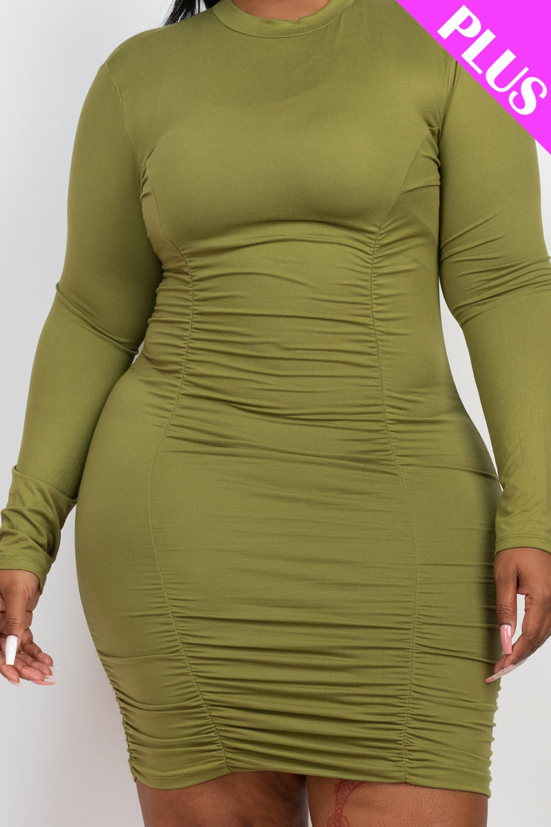 Plus Size Ruched Long Sleeve Bodycon Midi Dress - Capella Apparel