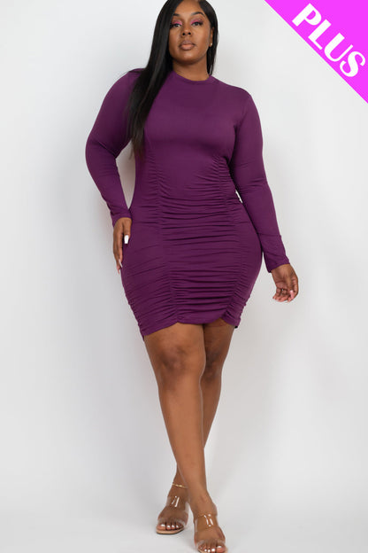 Plus Size Ruched Long Sleeve Bodycon Midi Dress - Capella Apparel