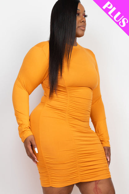 Plus Size Ruched Long Sleeve Bodycon Midi Dress - Capella Apparel