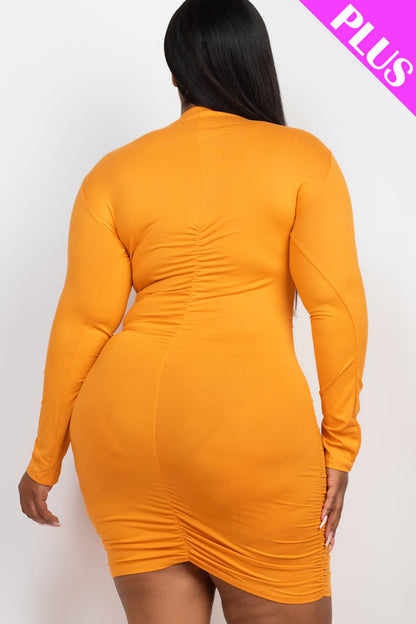 Plus Size Ruched Long Sleeve Bodycon Midi Dress - Capella Apparel