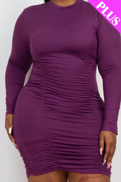 Plus Size Ruched Long Sleeve Bodycon Midi Dress - Capella Apparel