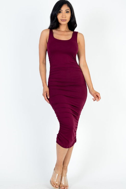 Square Neck Ruched Bodycon Midi Dress - Capella Apparel