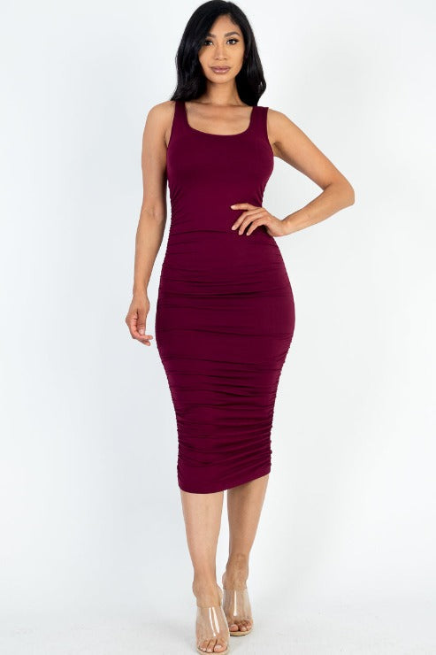 Square Neck Ruched Bodycon Midi Dress - Capella Apparel