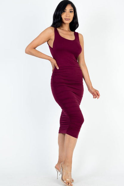 Square Neck Ruched Bodycon Midi Dress - Capella Apparel