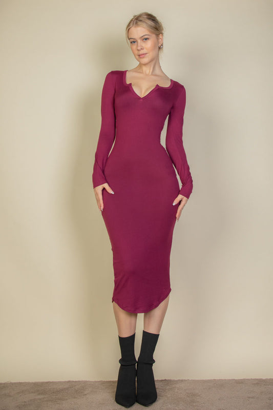 [$3/piece] Split Neck Long Sleeve Midi Dress