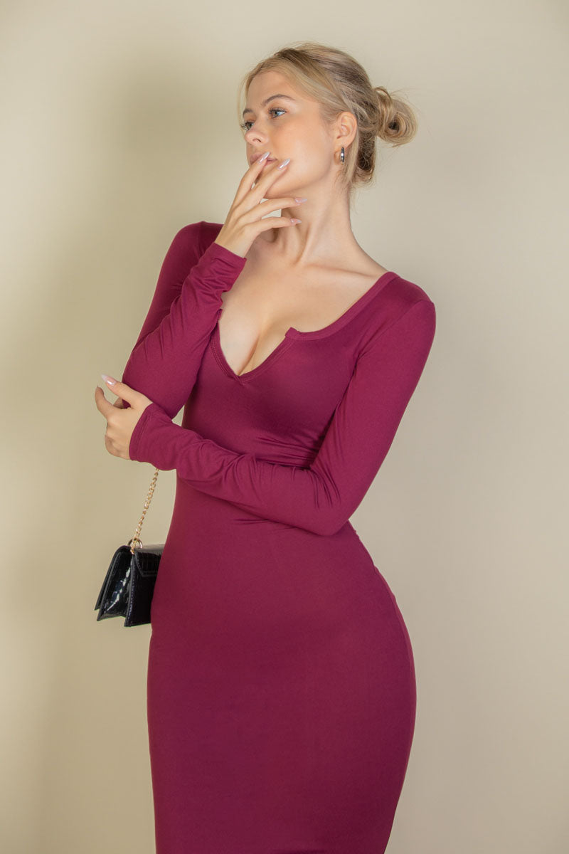 [$3/piece] Split Neck Long Sleeve Midi Dress