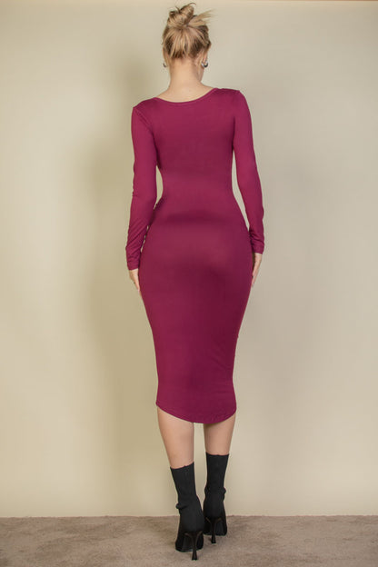 [$3/piece] Split Neck Long Sleeve Midi Dress