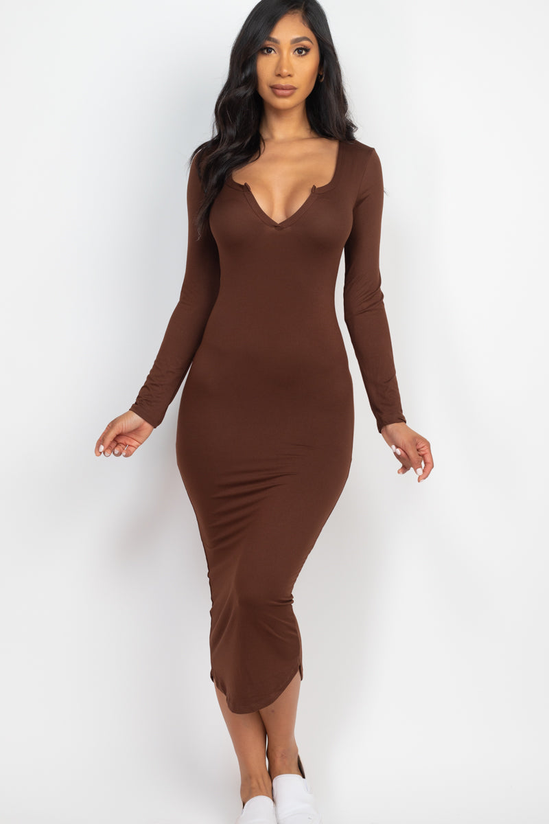 [$3/piece] Split Neck Long Sleeve Midi Dress