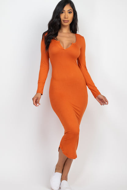 [$3/piece] Split Neck Long Sleeve Midi Dress